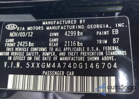 2013 Kia Optima Lx z USA, uszkodzony, nr VIN 5XXGM4A74DG146704